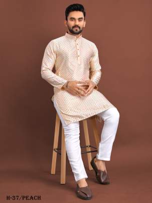 Mens Peach Kurta Pant With Heavy Mirror Work