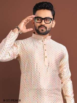 Mens Peach Kurta Pant With Heavy Mirror Work