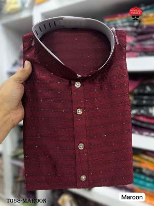 Mens Wear Jacquard Work Cotton Maroon Kurta With Pyjama Set