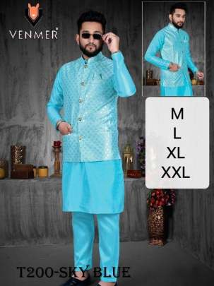 Mens Wear Sky Blue Pure Silk Kurta Pajama With Coti Set