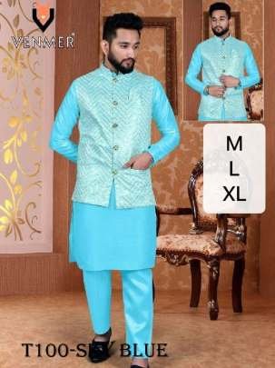 Mens Wear Sky Blue Pure Silk Kurta Pajama With Koti Set