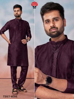 Mens Wear Wine Banglori Silk Kurta Pant Set