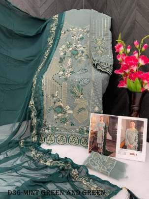 Mint Green and Green Color Embroidered Fox Georgette Suit Set