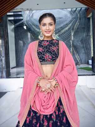 Mukaish Embroidered Work Navy Blue Georgette Lehenga Choli