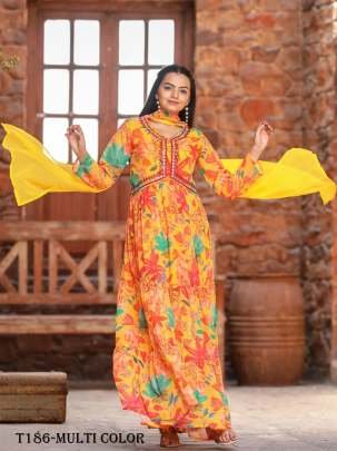 Multi Color Georgette Anarkali  Long Kurti Pant Set