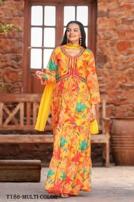 Multi Color Georgette Anarkali  Long Kurti Pant Set