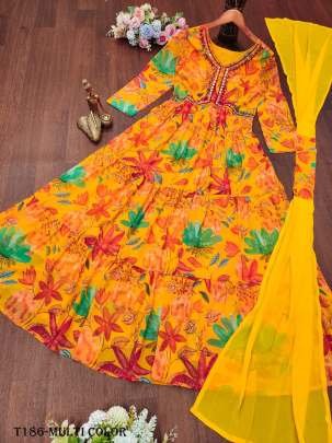 Multi Color Georgette Anarkali  Long Kurti Pant Set