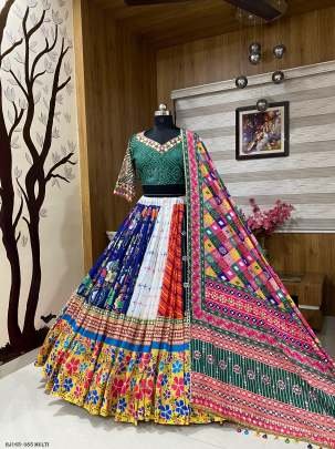 multi color Muslin Cotton Mirror Work Navratri Special Lehenga Choli With Dupatta