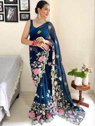 Multi Colour Embroidery Work Rama Soft Georgette Saree