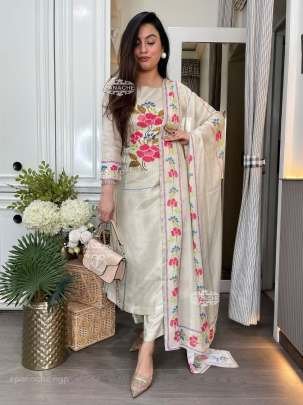 Muslin White Printed Stylish Kurti Dupatta With Matching Pants