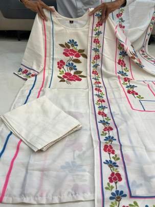 Muslin White Printed Stylish Kurti Dupatta With Matching Pants