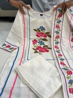Muslin White Printed Stylish Kurti Dupatta With Matching Pants