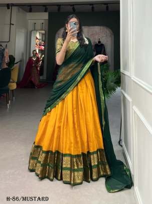 Mustard Kanchipuram Silk Lehenga Choli With Green Dupatta