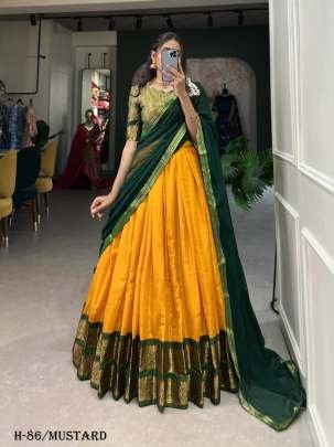 Mustard Kanchipuram Silk Lehenga Choli With Green Dupatta