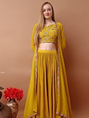 Mustard Yellow Embroidered Sharara Set With Jacket