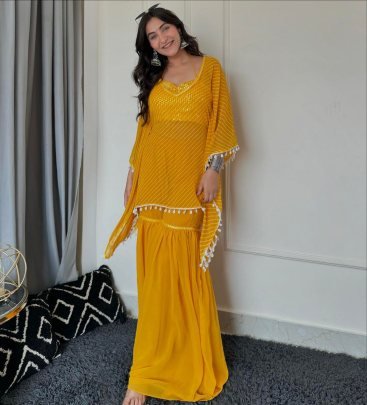 Mustard Yellow Kaftan Set With Kaudi Accents