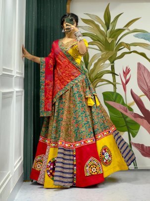 Navratri Special Multicolored Cotton Chaniya Choli In Ajrakh Print 