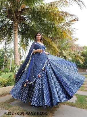 Navratri Special Pure Muslin Printed Work Navy Blue Lehenga Choli With Dupatta