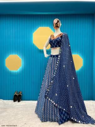 Navratri Special Pure Muslin Printed Work Navy Blue Lehenga Choli With Dupatta