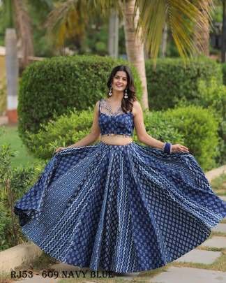 Navratri Special Pure Muslin Printed Work Navy Blue Lehenga Choli With Dupatta