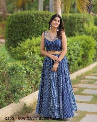 Navratri Special Pure Muslin Printed Work Navy Blue Lehenga Choli With Dupatta