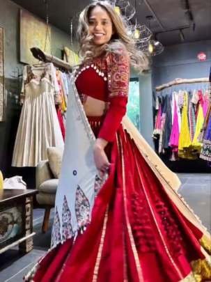 Navratri Style Rayon Silk With Kodi Lace Red Lehenga Choli Dupatta