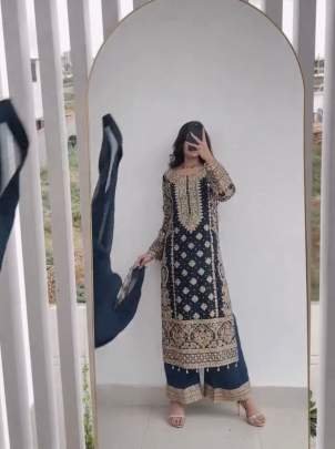 Navy Blue Faux Georgette Sequence Embroidery Work Salwar Suit