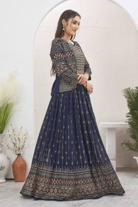 Navy Blue Georgette Readymade Lehenga With Jacket