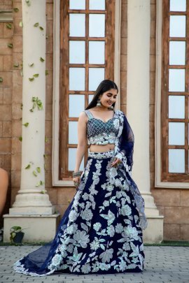 Navy Blue Kasturi Silk Georgette Lehenga With Sequence Work