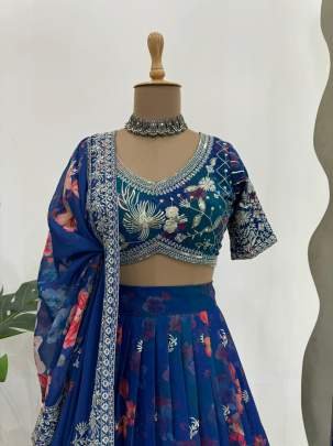 Navy Blue party wear Designer Georgette Lehenga Choli Dupatta