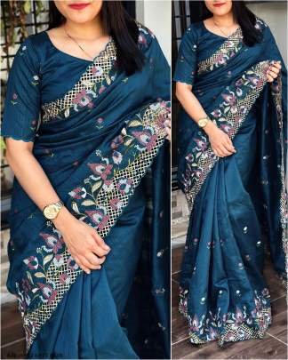 Navy Blue Slub silk With Embroidered work Blouse Saree