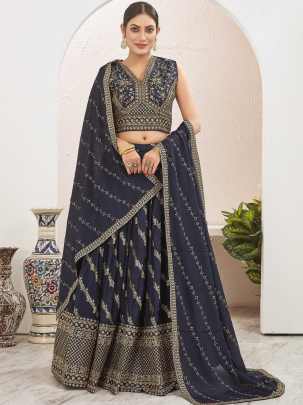 Navy Blue Thread Work Ready To Wear Lehenga Choli 