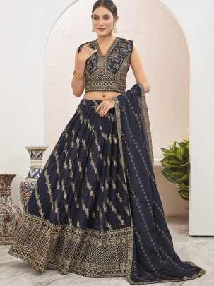 Navy Blue Thread Work Ready To Wear Lehenga Choli