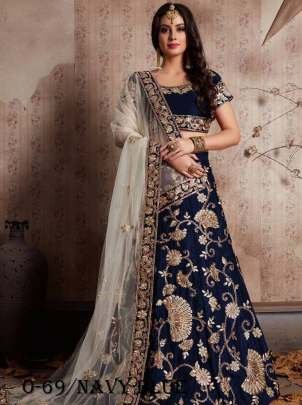 Navy Blue Velvet Silk Bridal Lehenga Choli