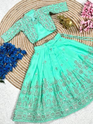 New Aqua Blue Kids Ethnic Lehenga With Full Sleeves Koti 