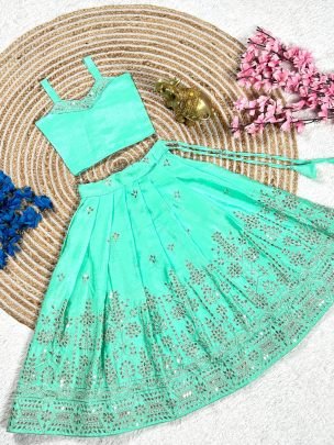 New Aqua Blue Kids Ethnic Lehenga With Full Sleeves Koti