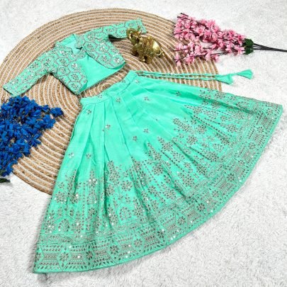 New Aqua Blue Kids Ethnic Lehenga With Full Sleeves Koti