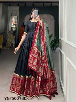 New Arrival Black Color Print With Foil Print Tussar Silk Gown