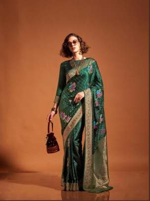 New Arrival Branded Dark Green Floral Printed Satin Silk Saree For Women