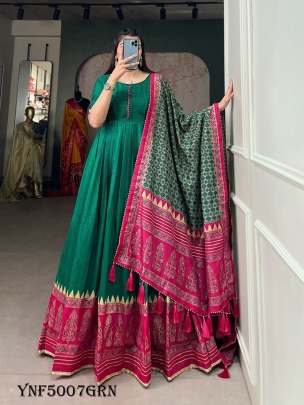 New Arrival Green Color Print With Foil Print Tussar Silk Gown