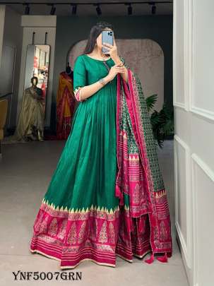 New Arrival Green Color Print With Foil Print Tussar Silk Gown