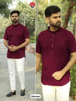 New Arrival Maroon Lucknowi Work Rayon Short Men Kurta