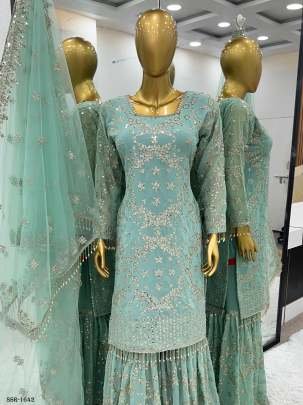 New Arrival Pastel Mint Georgette Ready Made Sharara Suit 