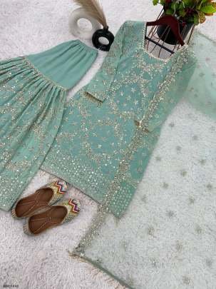 New Arrival Pastel Mint Georgette Ready Made Sharara Suit