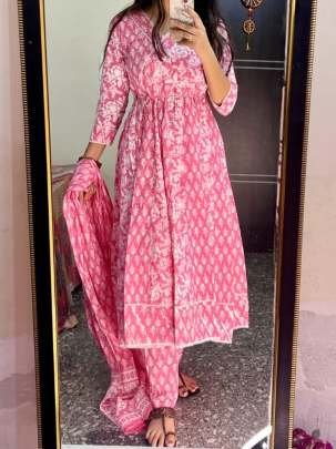 New Arrival Pink Angrakha Cotton Kurti Pant Dupatta Set