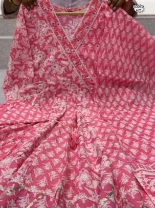 New Arrival Pink Angrakha Cotton Kurti Pant Dupatta Set