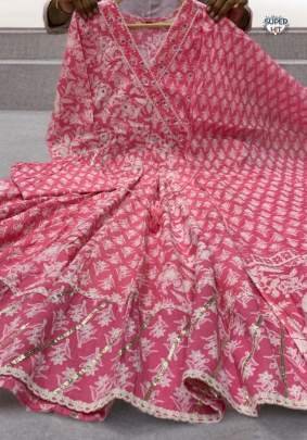 New Arrival Pink Angrakha Cotton Kurti Pant Dupatta Set