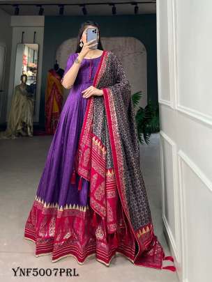 New Arrival Purple Color Print With Foil Print Tussar Silk Gown