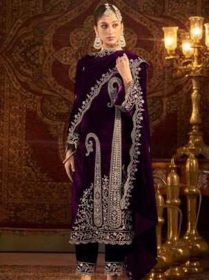 New Arrival Wedding Wear Wine Multi Work Viscose Velvet Suits