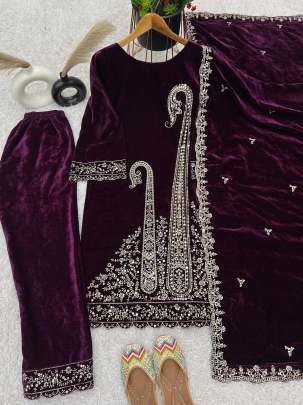 New Arrival Wedding Wear Wine Multi Work Viscose Velvet Suits